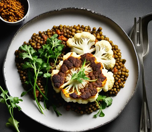 Cauliflower steak with lentils , vegetarian steak